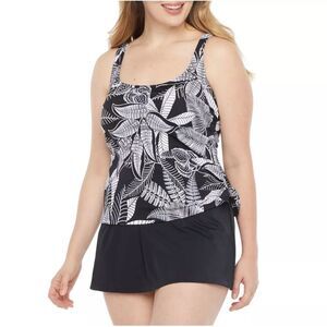 NWT Azul by Maxine of Hollywood Black Tropical One Piece Swimdress Size 14